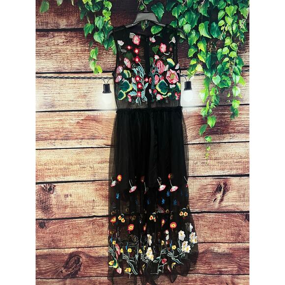 L'Atiste by Amy Floral Embroidered Mesh Midi Dress Gown Homecoming Prom Black S - Picture 7 of 8